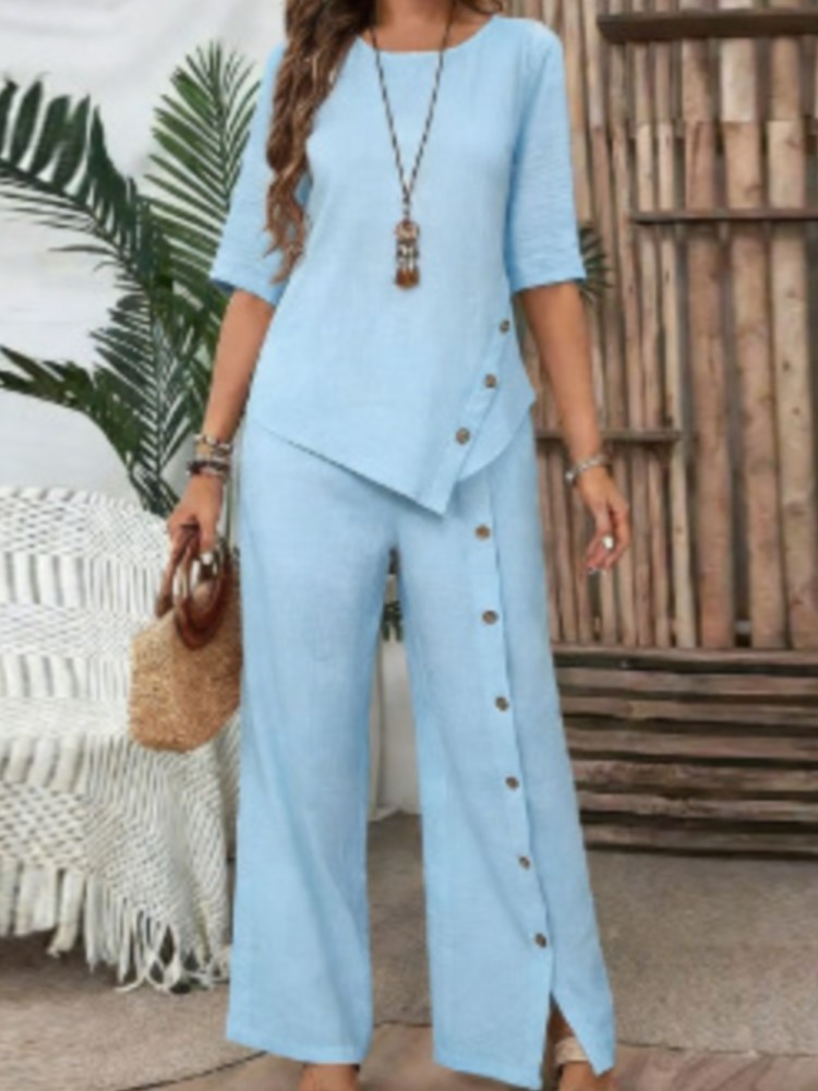 Wide Leg Palazzo Pants - Women's Fashion Solid Irregular Hem Shirt