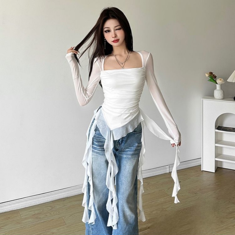 Ruffle Long Sleeve Sexy T-Shir - đánh giá và giá Women Fashion Korean