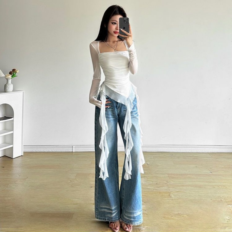Ruffle Long Sleeve Sexy T-Shir - đánh giá và giá Women Fashion Korean