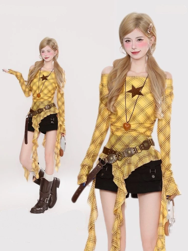 Y2K Plaid Slash Neck Vintage T - đánh giá và giá Women'S Fashion Tops