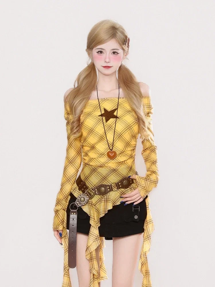 Y2K Plaid Slash Neck Vintage T - đánh giá và giá Women'S Fashion Tops