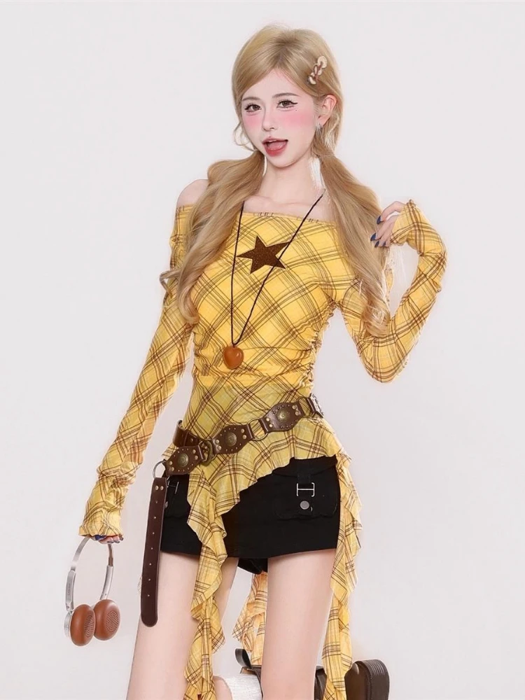 Y2K Plaid Slash Neck Vintage T - đánh giá và giá Women'S Fashion Tops